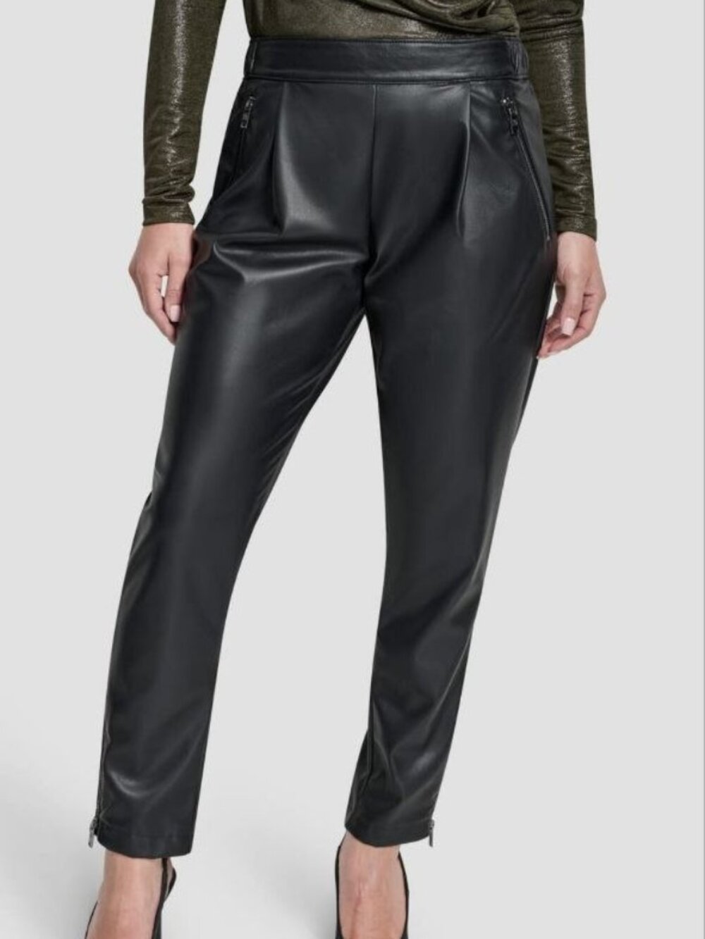 $99 DKNY Leather Tapered Zip Hem Pants Black Size M